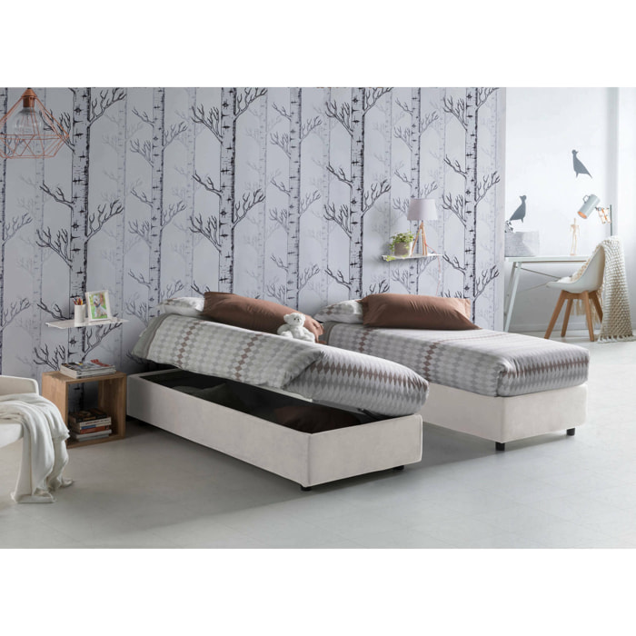 Letto singolo Melissa, Letto contenitore con rivestimento in tessuto, 100% Made in Italy, Apertura laterale, adatto per materasso Cm 80x190, Bianco