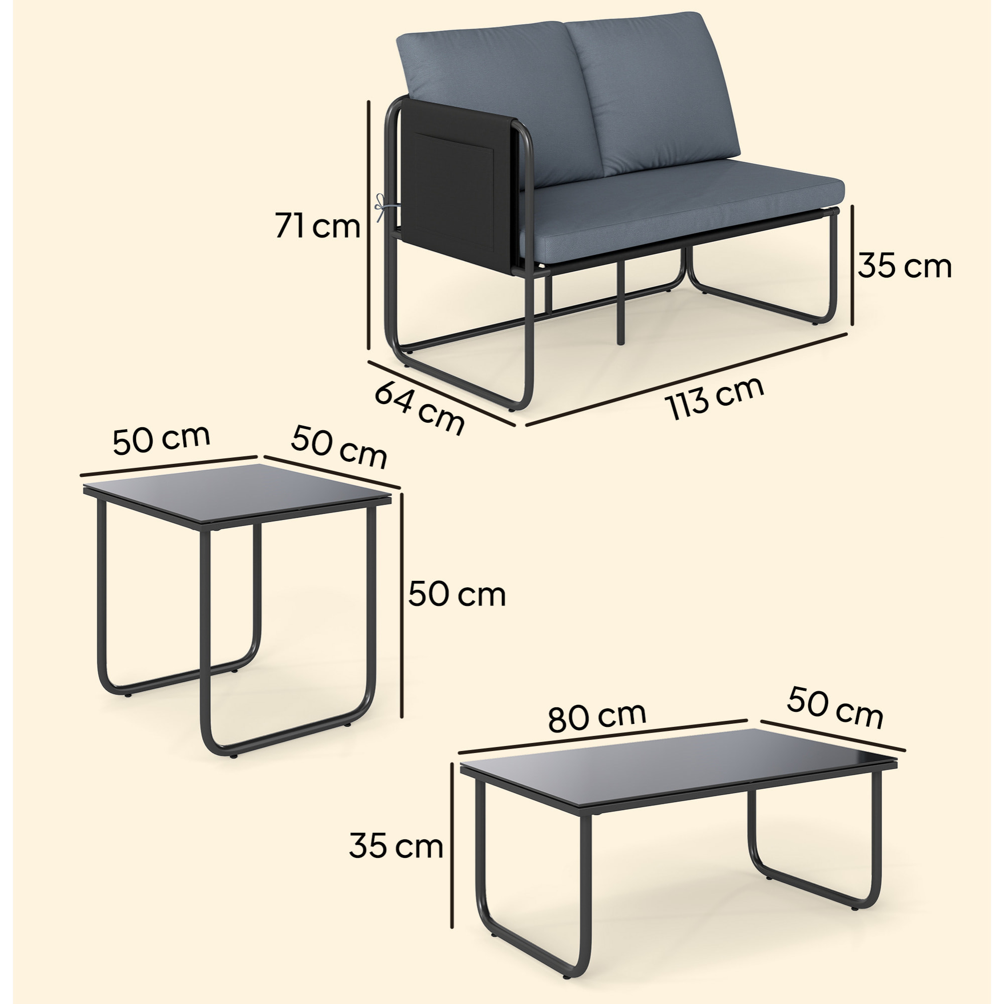 Conjunto Jardín Exterior de 4 Piezas, Muebles Jardín Exterior con 2 Sofás 2 Plazas, 2 Mesas de Vidrio, Cojines, Fundas Extraíbles, Bolsillos, Tela Textilene Transpirable, Marco Acero, Gris