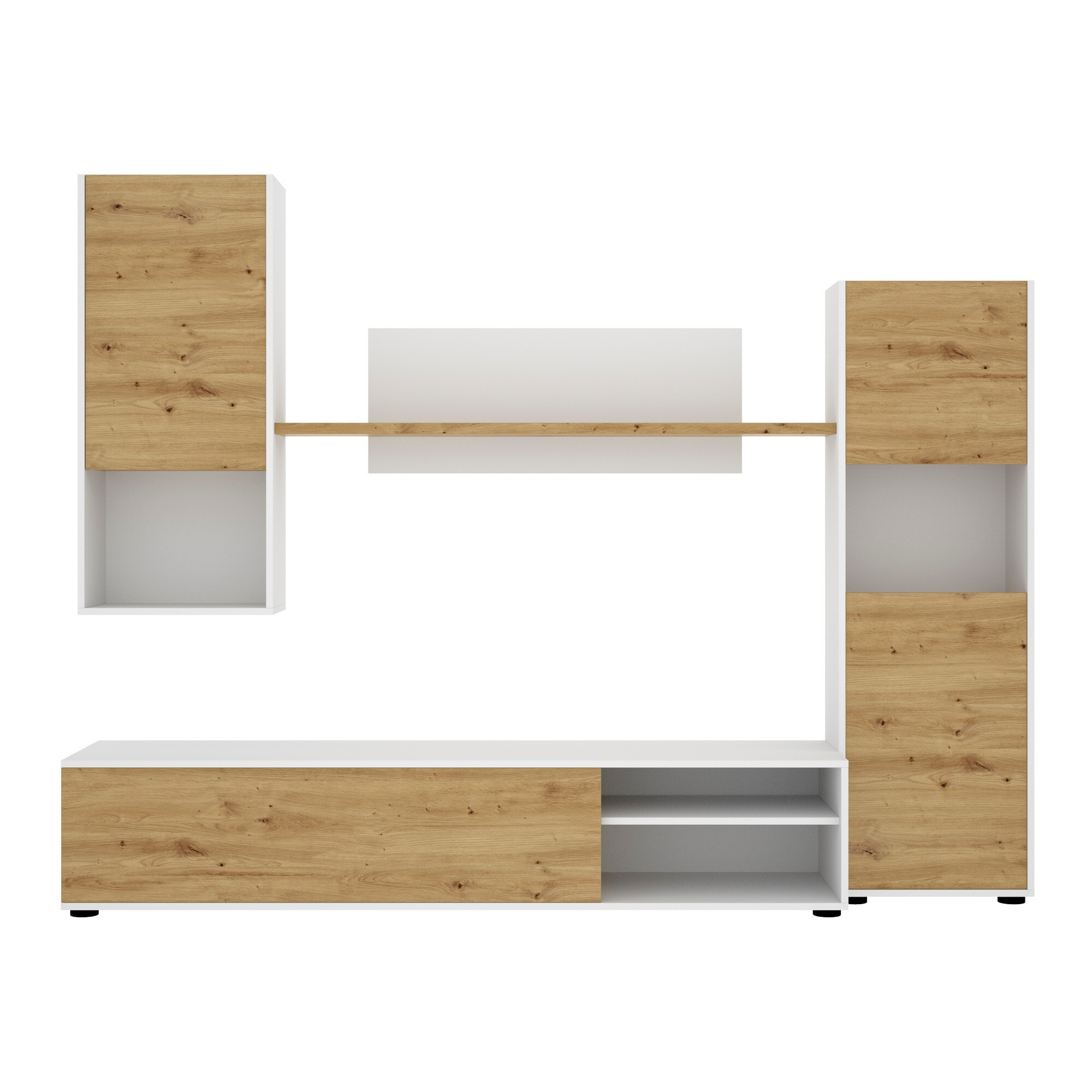 Parete attrezzata Foraker, Set da soggiorno porta TV, Mobile salotto multiuso, 220x41h180 cm, Rovere Nodi e Bianco