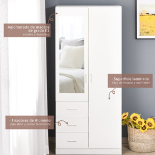 Armario Ropero de 2 Puertas con Espejo 3 Cajones Estantes Ajustables y Barra para Colgar Incluida Mueble Auxiliar para Dormitorio Habitación 80x50x180 cm Blanco