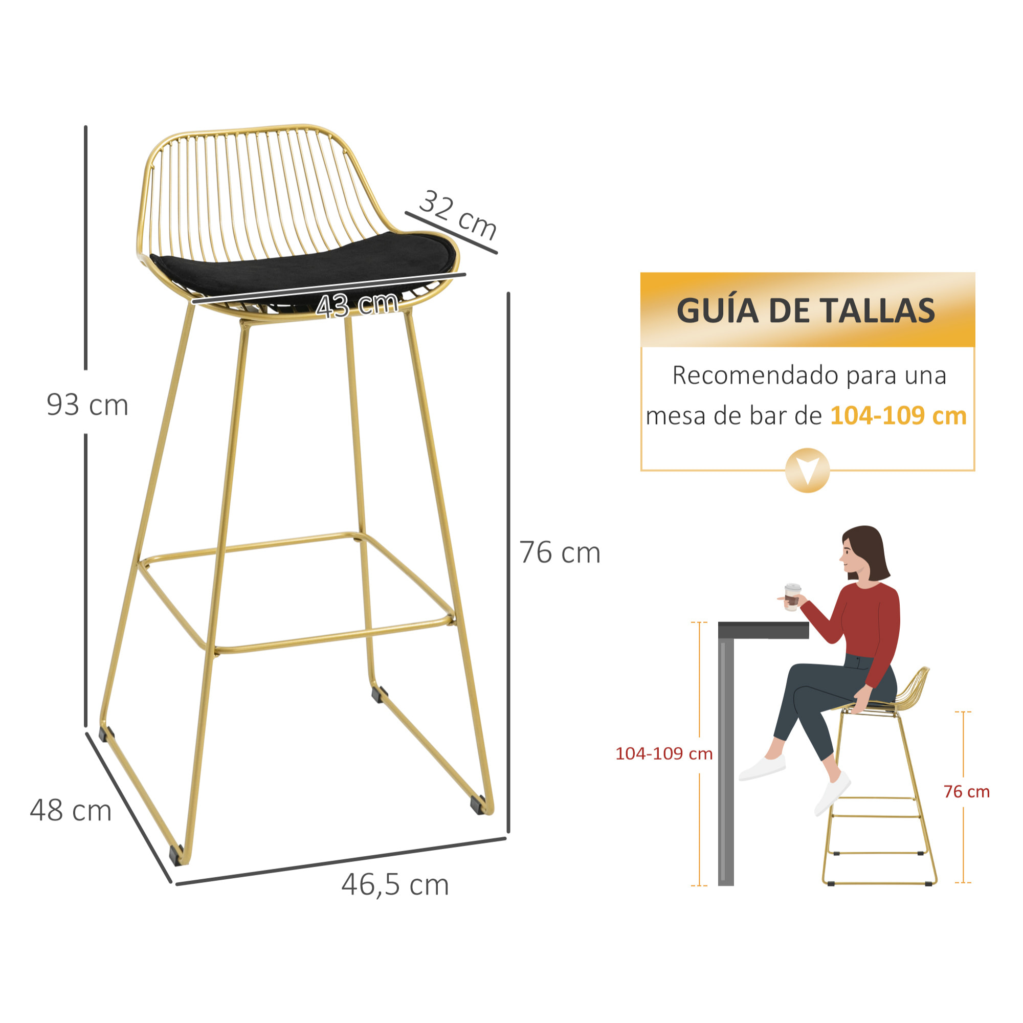 Conjunto de 4 Taburetes de Bar Taburetes Altos de Cocina con Cojín de Terciopelo Respaldo y Reposapiés Estilo Moderno Carga 120 kg para Comedor Sala 46,5x48x93 cm Dorado