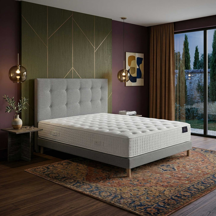 Ensemble matelas mousse haute résilience CALLISTO, H29 cm, accueil mémoire de forme, sommier et tête de lit gris