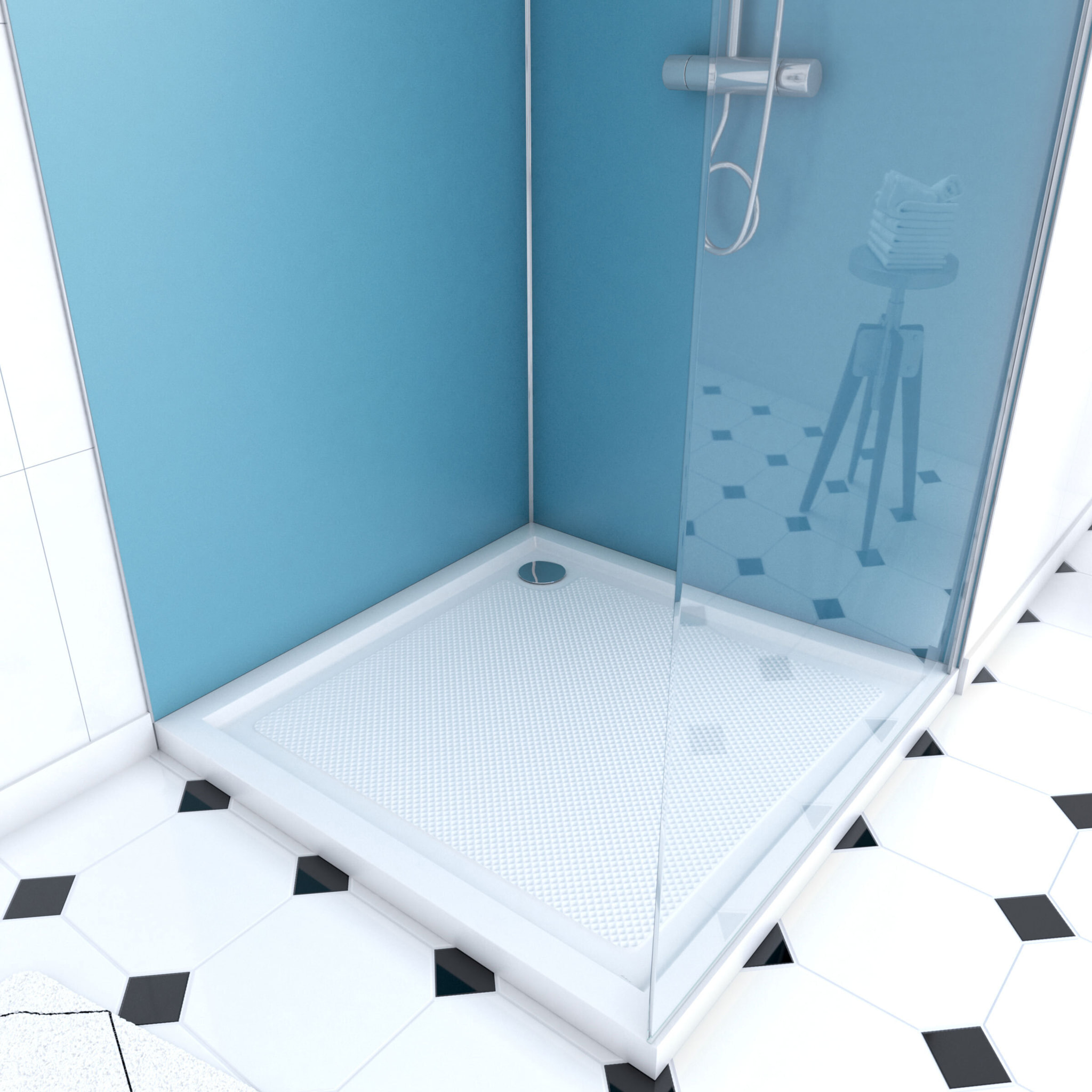 Pack Douche a l'Italienne 90x90 - Kit Panneaux Muraux Bleu/Chrome + Receveur + Paroi 6 mm