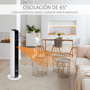 HOMCOM Calefactor Cerámico de Torre 1100/2200W con Mando a Distancia Pantalla LED 3 Modos de Viento Termostato Temporizador y 65° Oscilación para 25 m² 21x21x73 cm Blanco