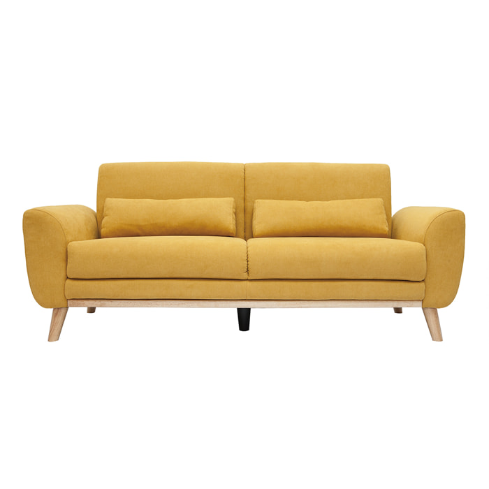 Canapé scandinave 3 places en tissu effet velours jaune moutarde et bois clair EKTOR