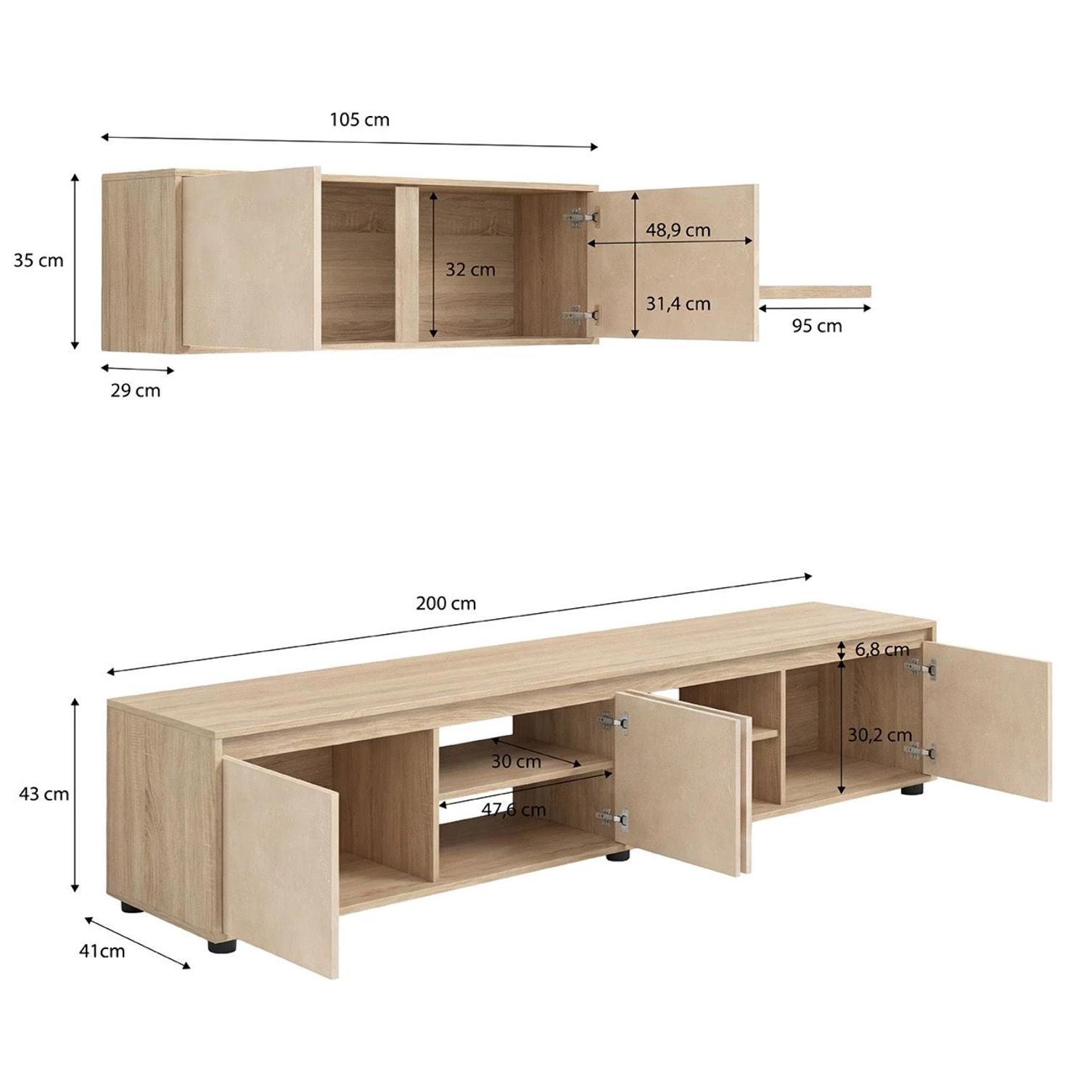 Salón con mueble de TV y estantería en roble canadian y efecto microcemento beige 200 cm Arlet Roble Canadian - Microcemento Beige