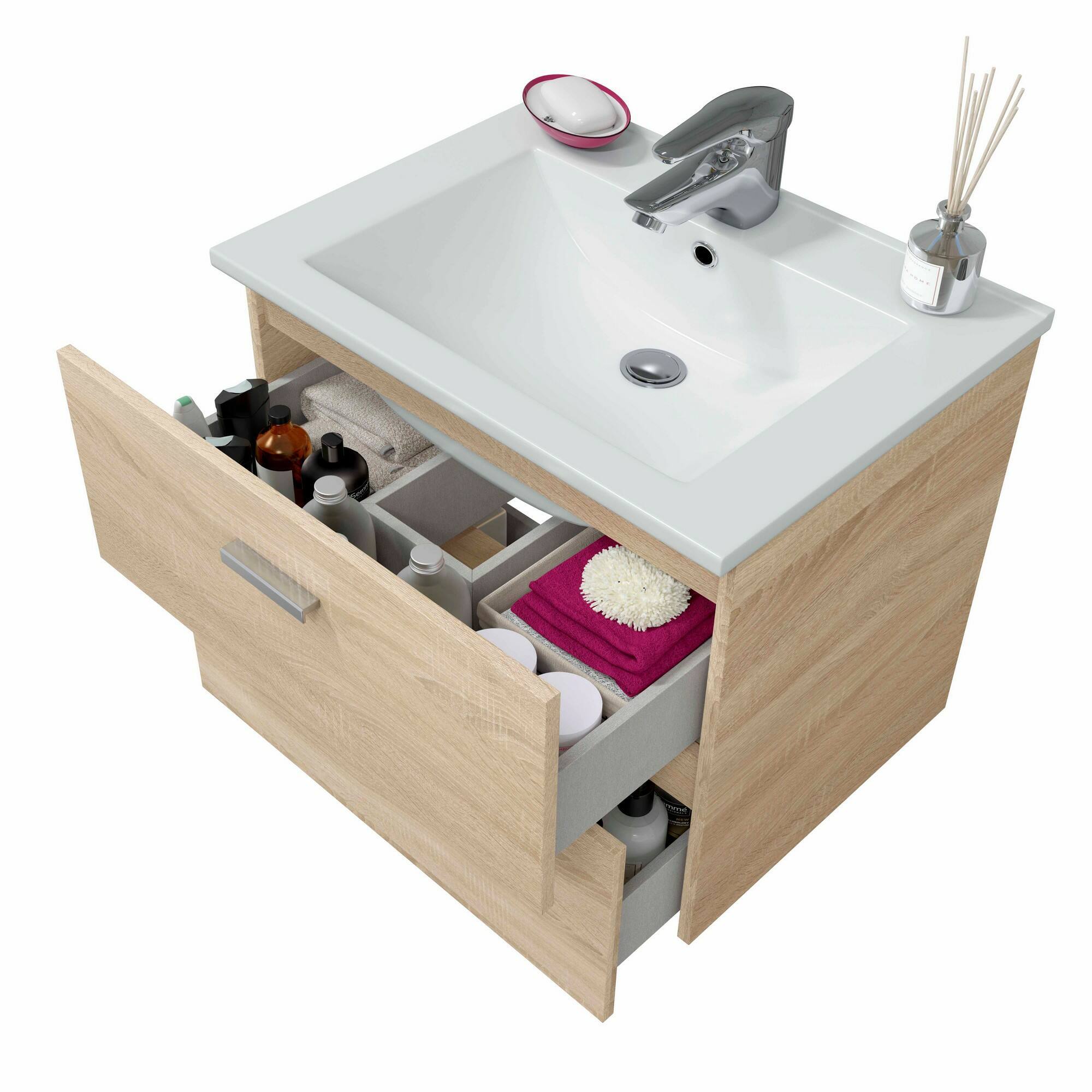 Mobile sottolavabo Doksuri, Mobiletto da bagno, Contenitore porta lavabo, Armadio per lavandino, 60x45 h50 cm, Rovere