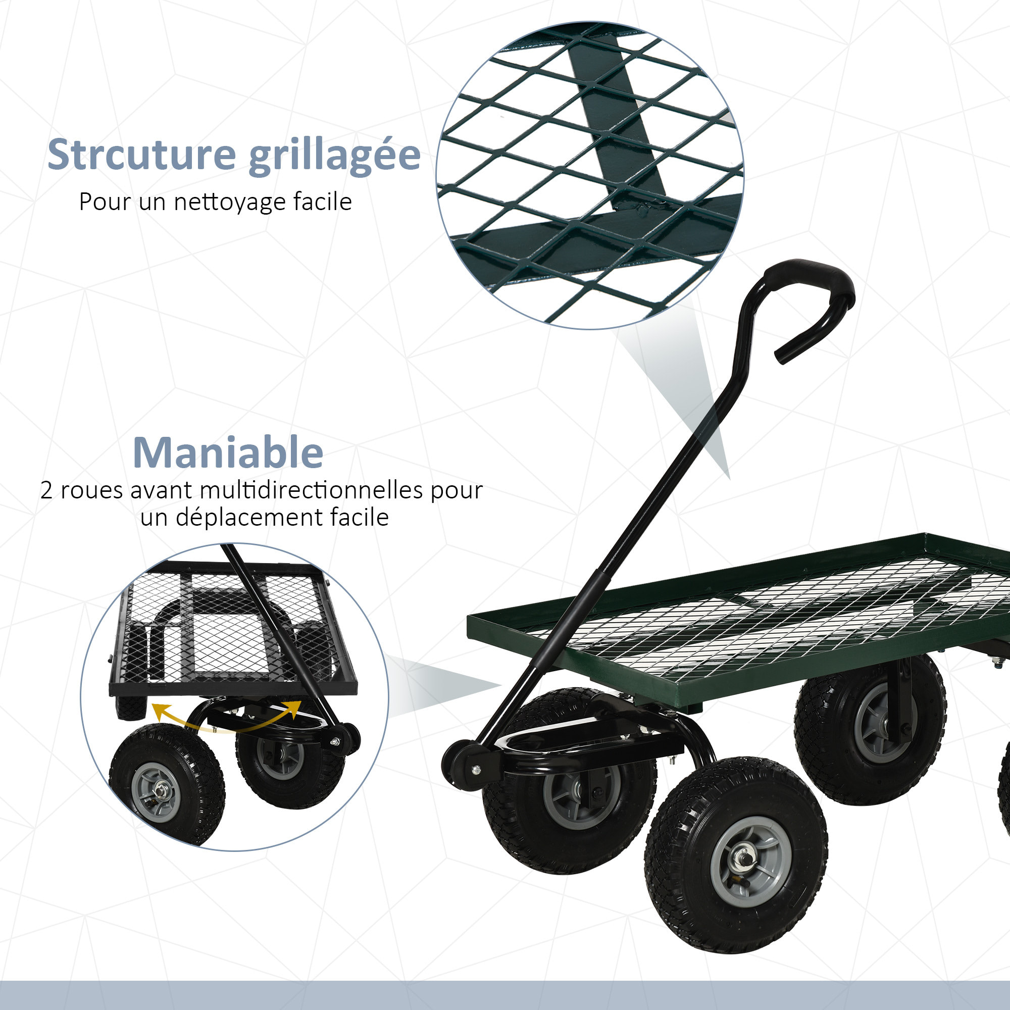 Chariot de transport jardin remorque à main charrette à bras 4 roues 94L x 48,5l x 100H cm charge max. 150 Kg métal vert