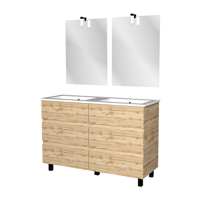 Meuble Salle de Bains 120cm 6 Tiroirs Chêne Naturel + Vasque Blanche + Miroirs avec appliques Led