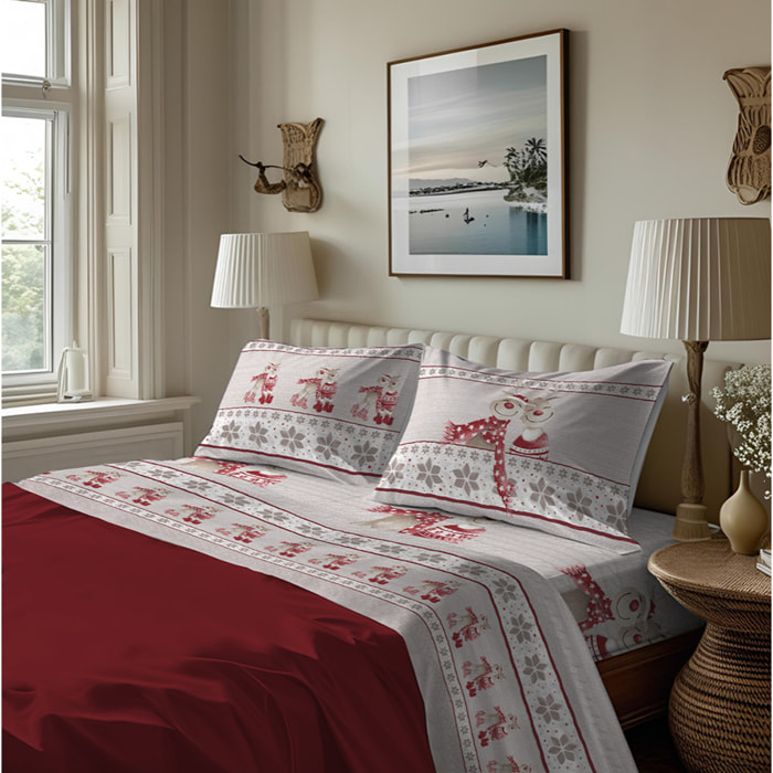 Completo letto in flanella renne rosso