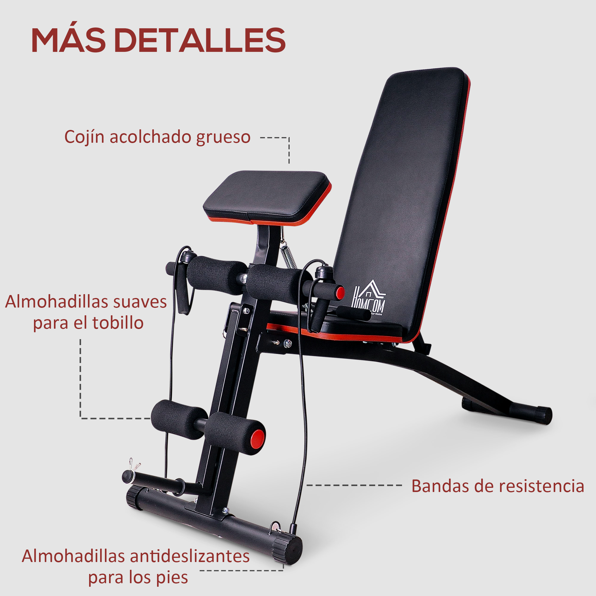 Banco de Musculación Plegable, Banco de Pesas, Respaldo Inclinable de 7 Niveles, Extensión de Pierna, Cojín de Predicador, Banda de Resistencia, para Entrenamiento Completo, Casa Gimnasio, Rojo