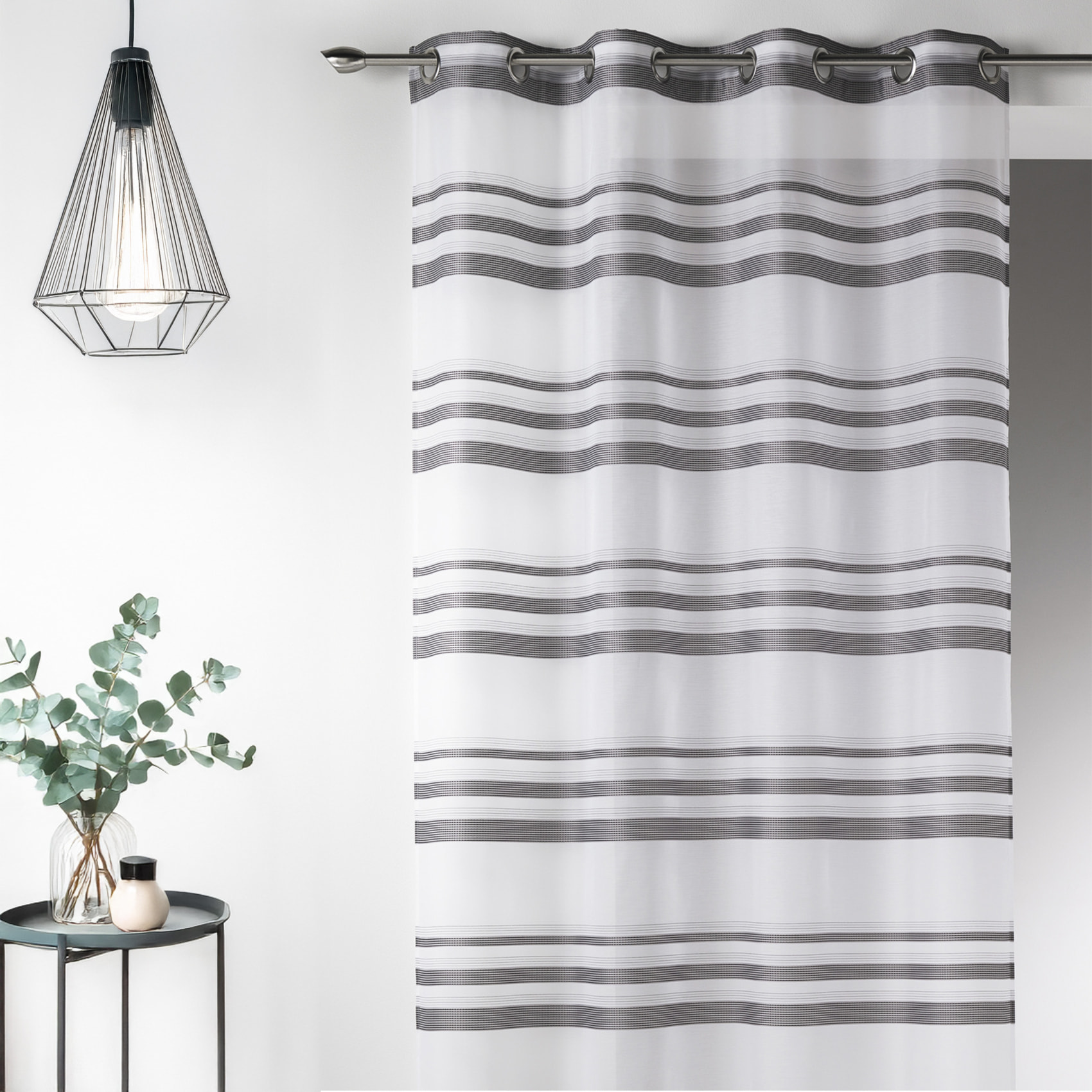 Voilage moderne en Etamine à Rayures Horizontales - Gris clair