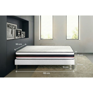 Ensemble - Matelas Ressorts ensachés et mémoire de forme 22cm d'épaisseur - 3 zones de confort - Confort ferme - Sommier tapissier monobloc - 1 place