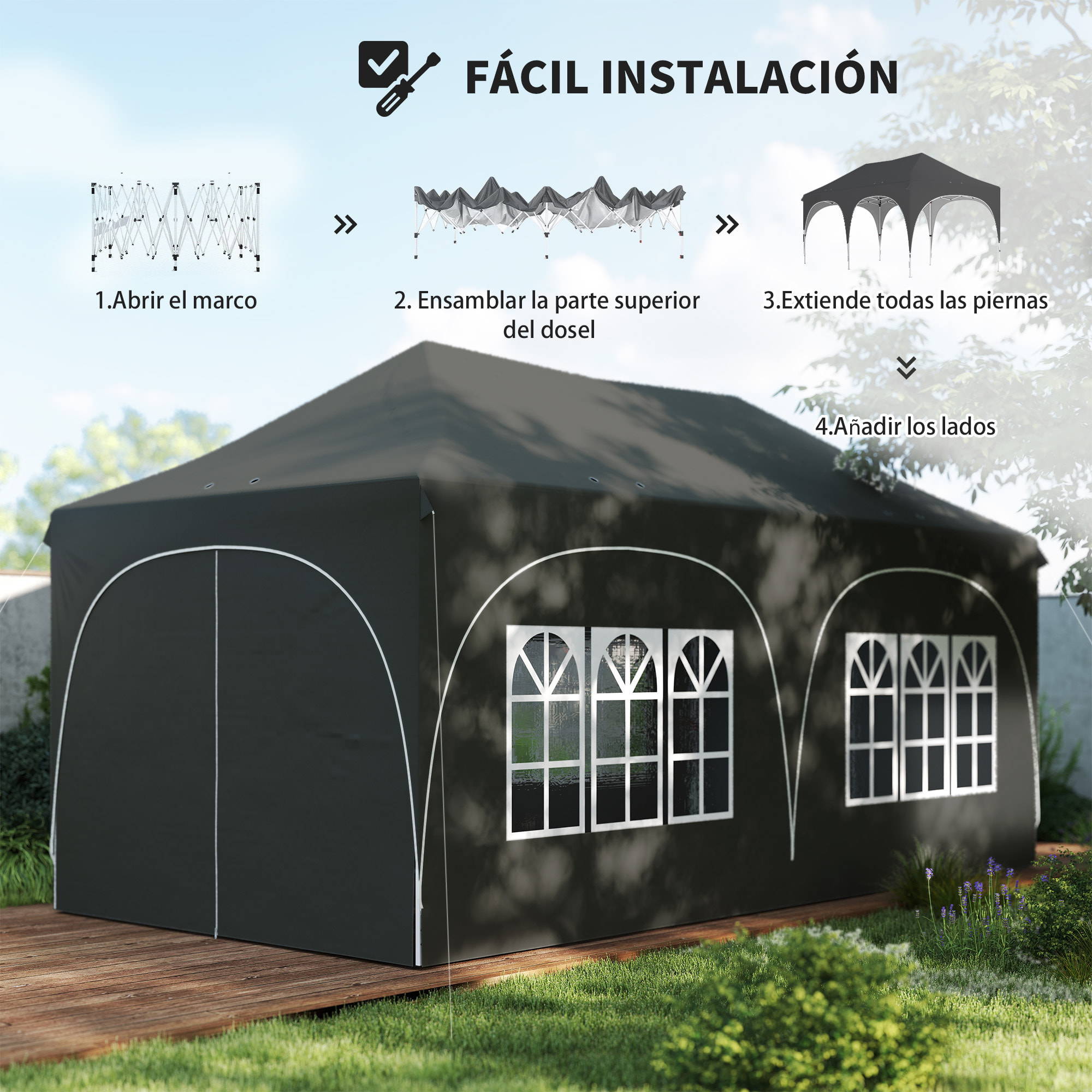 Carpa Plegable 6x3 m, Pop-up, con 6 Laterales Extraíbles, Cenador de Jardín con Altura Ajustable, Ventanas, Bolsa de Transporte, UPF30+, Gazebo para Camping, Fiestas, Exterior, Gris Oscuro