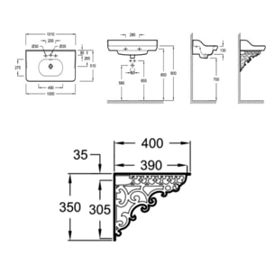 Plan vasque suspendu 3 trous Cléo 1889 avec équerres métal noir + colonne gauche + miroir + mélangeur poignée lavabo or + siphon or