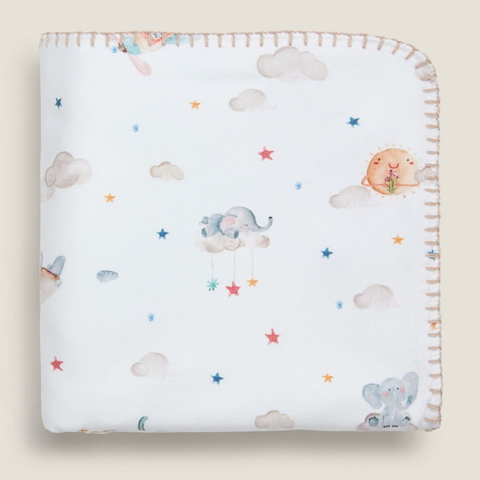 Manta polar con estampado de elefantes Sielu color blanco Poliéster