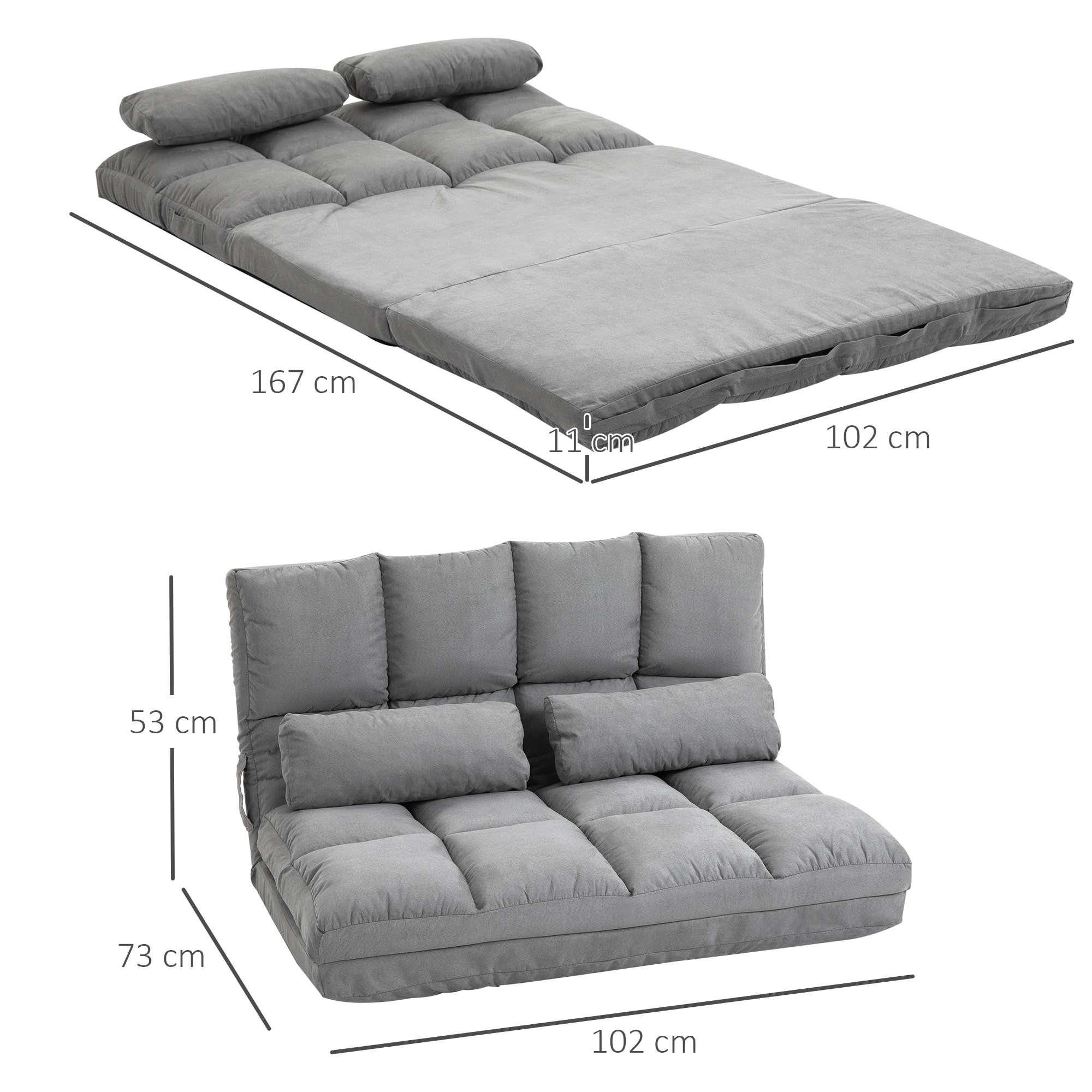 Chauffeuse - matelas d'appoint pliant - fauteuil convertible - inclinaison dossier réglable 14 positions - 2 coussins inclus - polyester aspect suédé gris