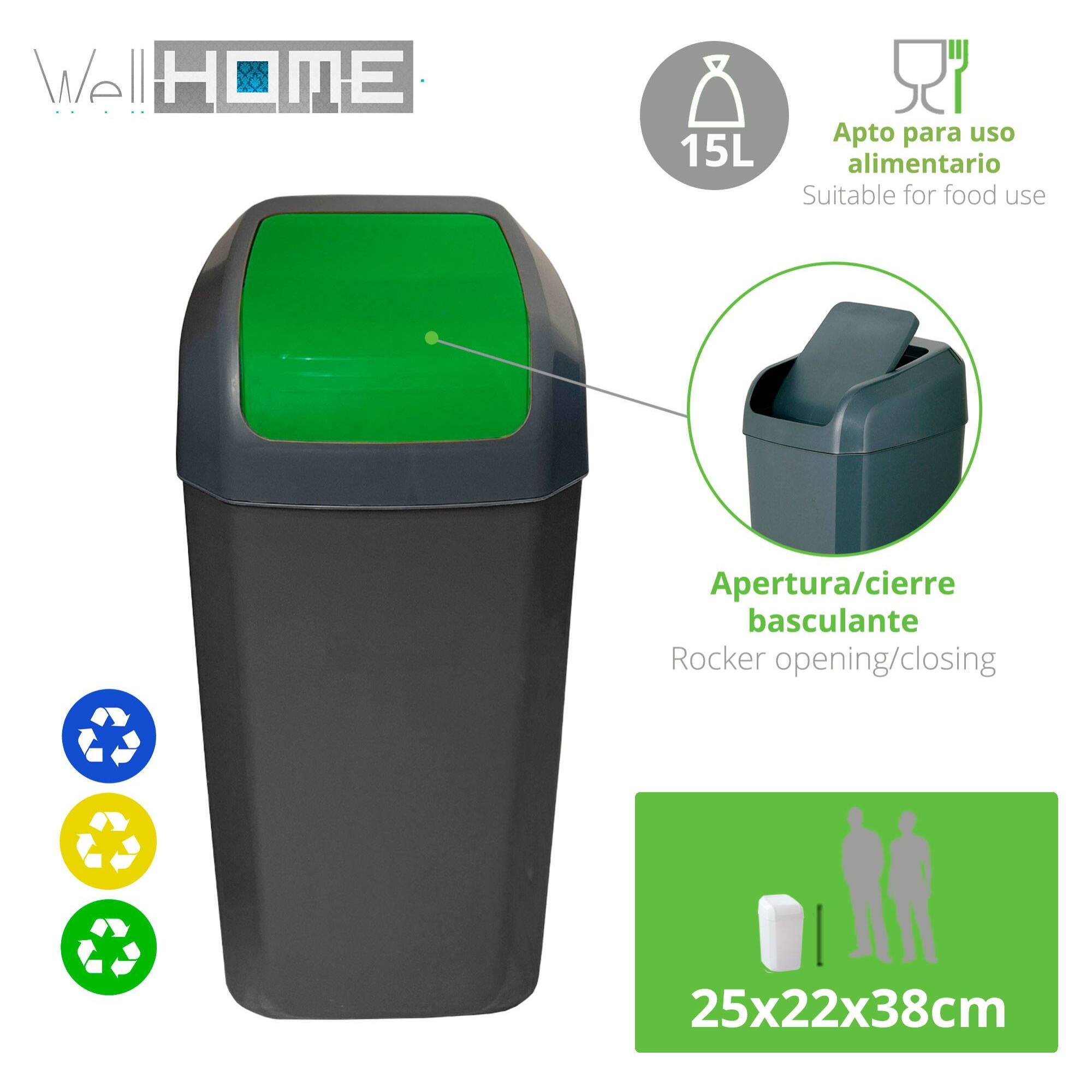 Cubo - papelera con tapa basculante de 15l color verde