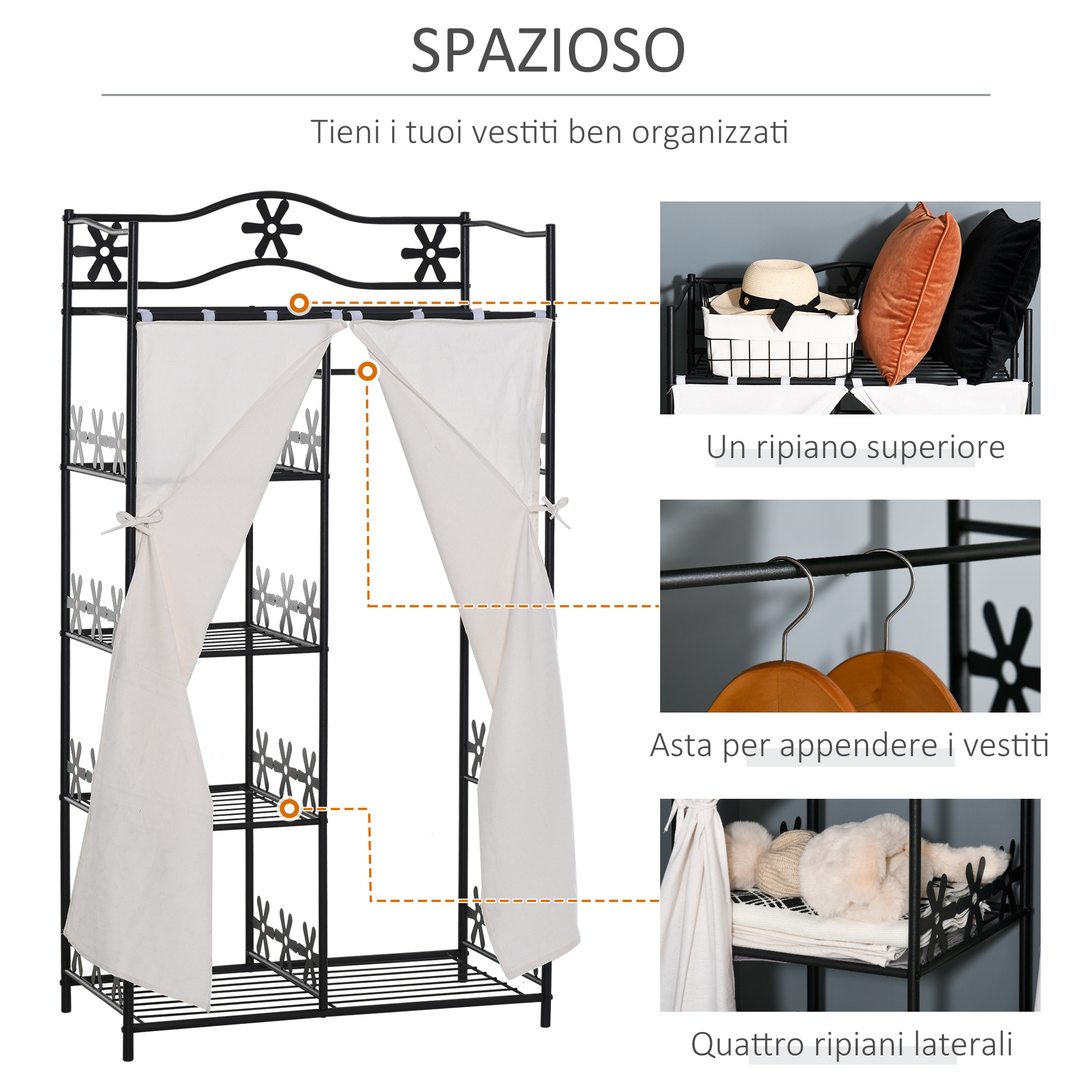 HomCom Armadio Guardaroba Appendiabiti in Ferro, Nero, 84x42x159cm