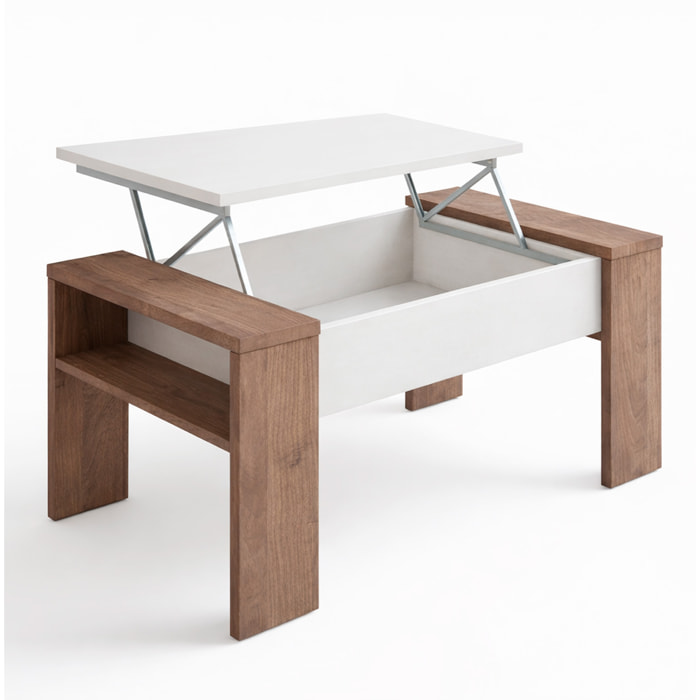 Tavolino Da Salotto Trasformabile Con Piano Sollevabile E Vano Contenitore Moderno Per Smart Working 98 x 50 x 43 Cm Colore Bianco E Noce