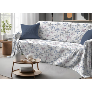 Telo Arredo Copritutto Grand Foulard Copridivano Copriletto 100% Cotone Disegno Petalo Azzurro