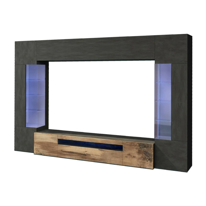 Parete attrezzata Arga, Set salotto porta TV a 6 ante, Mobile soggiorno multiuso con luce LED, 100% Made in Italy, cm 290x40h191, Antracite e Acero