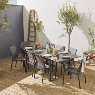 Table de jardin extensible aluminium + 8 assises - Chicago Anthracite/Gris taupe - Table en aluminium 175/245cm avec rallonge et 8 assises en textilène