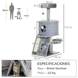 Árbol Rascador para Gatos Altura 111 cm con Cama Cueva Hamaca Bola Colgante Gris