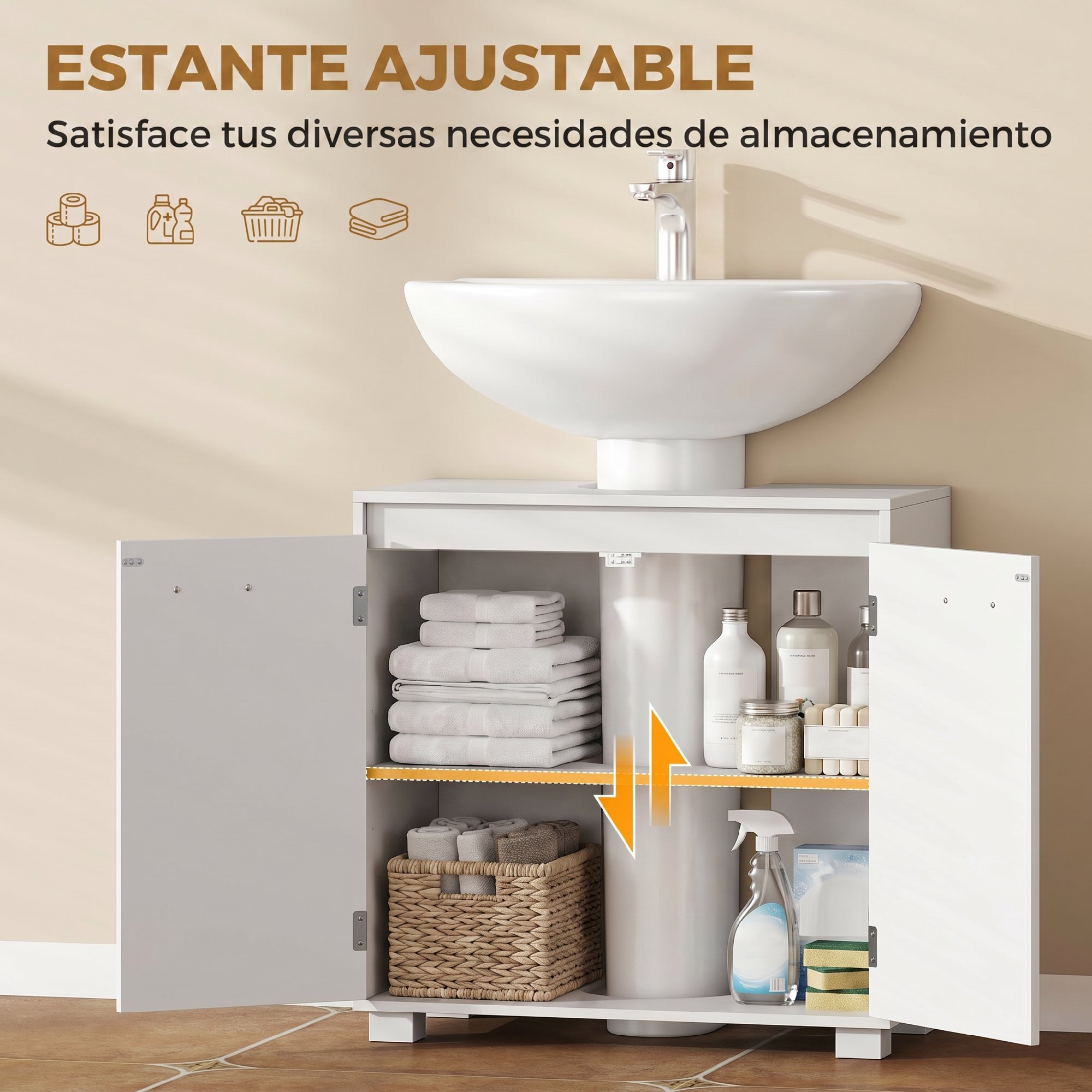 HOMCOM Mueble Bajo Lavabo, Mueble de Baño con Estante Ajustable, 2 Puertas y Recorte en U, Estilo Moderno, para Lavabo con o sin Pedestal, 60x30x60 cm, Blanco