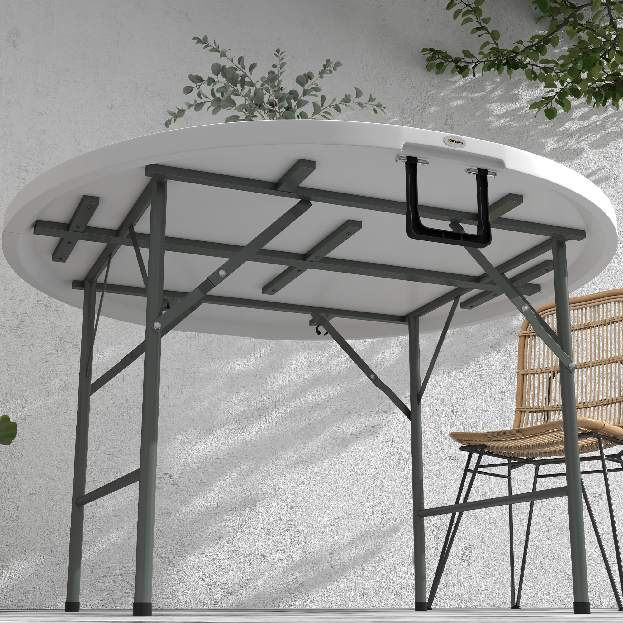 Mesa Auxiliar Redonda Mesa de Jardín Plegable con Marco de Acero y Encimera de HDPE Carga 80 kg para Interior y Exterior Ø122x73 cm Blanco