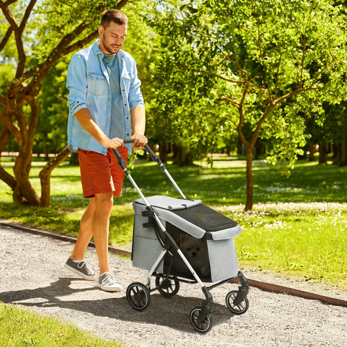 Carrito para Perros Plegable Cochecito para Perros Pequeños hasta 10 kg con Ruedas Universales Marco de Aluminio Correa de Seguridad Cojín Lavable y Ventanas 80x48,5x106 cm Gris