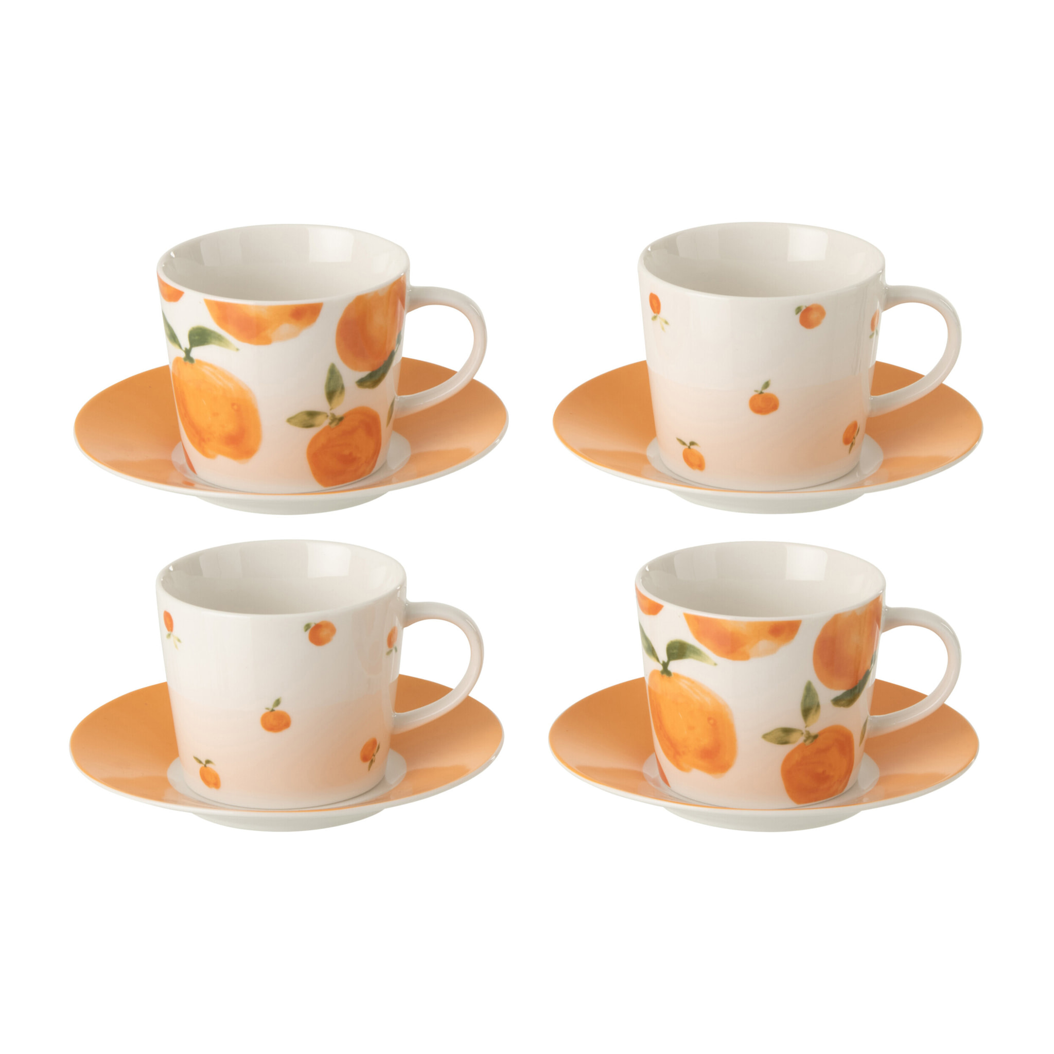 J-Line Tasse + Sous-tasse Orange - céramique - blanc/orange- large - set de 4