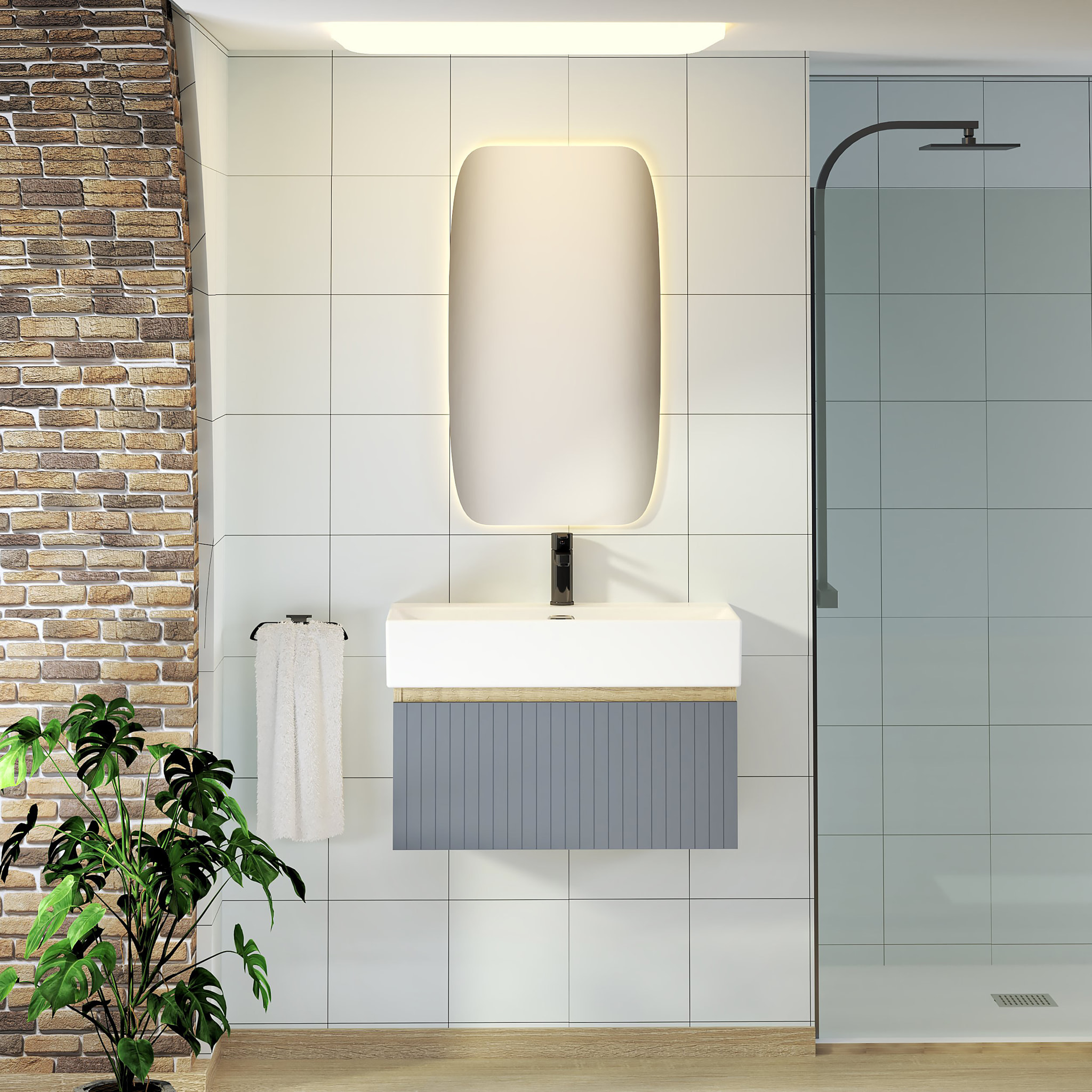 Conjunto de Baño Zel | Mueble Suspendido | 70 cm Azul | Un Cajón | Lavabo Encastrado | No incluye Espejo | Mueble Montado| Alday