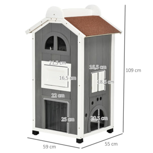 Casa para Gatos de Madera 59x55x109 cm Caseta para Gatos de 3 Niveles Refugio para Gatos con Techo Asfáltico Plataformas y Escalera para Exterior Gris