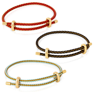 Pack de 3 pulseras trenzadas de doble alambre de acero negro, rojo y verde con cierre cruzado de cobre dorado.