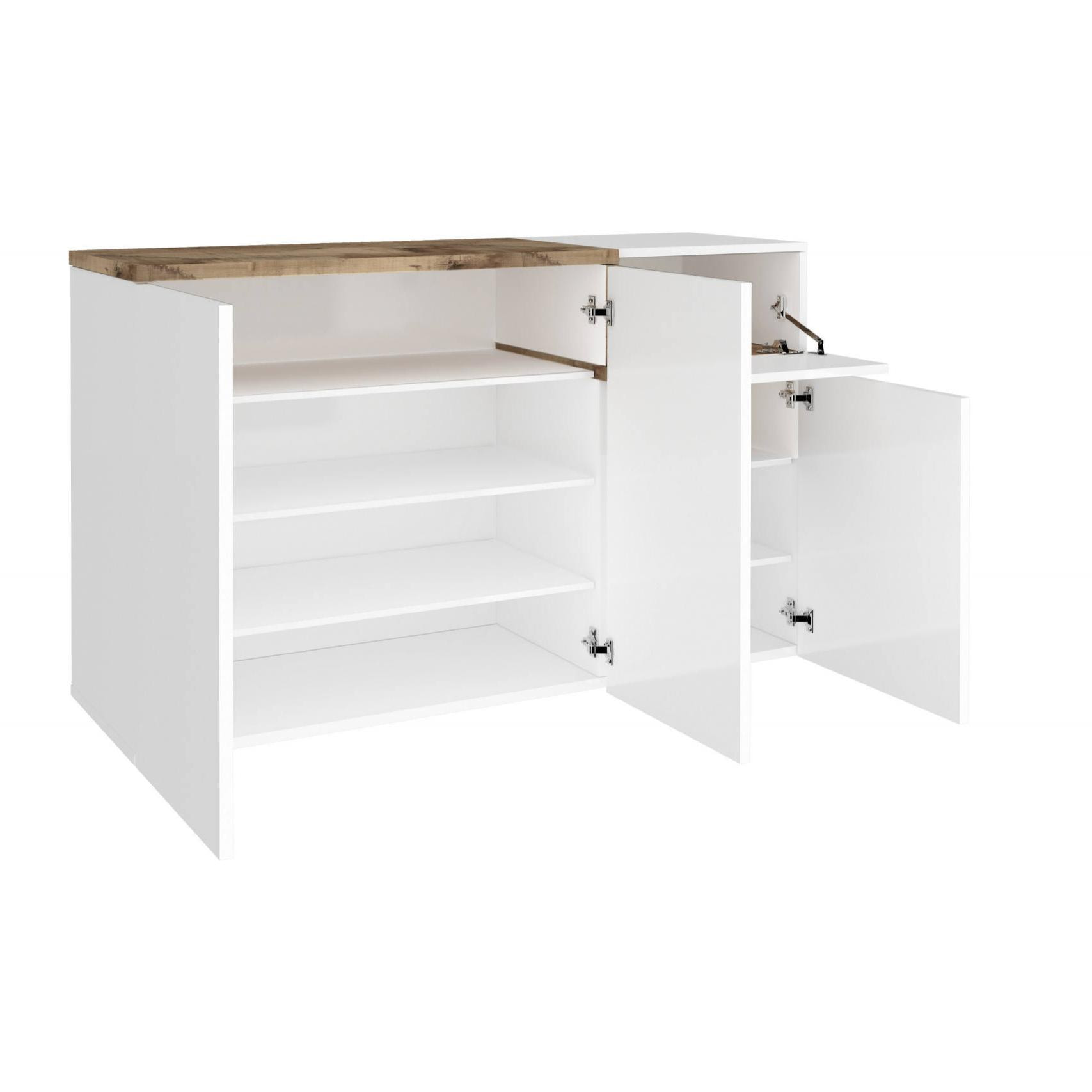 Scarpiera moderna, Made in Italy, 3 ante e 1 anta a ribalta, Portascarpe da ingresso, cm 120x40h80, colore Bianco lucido e Acero