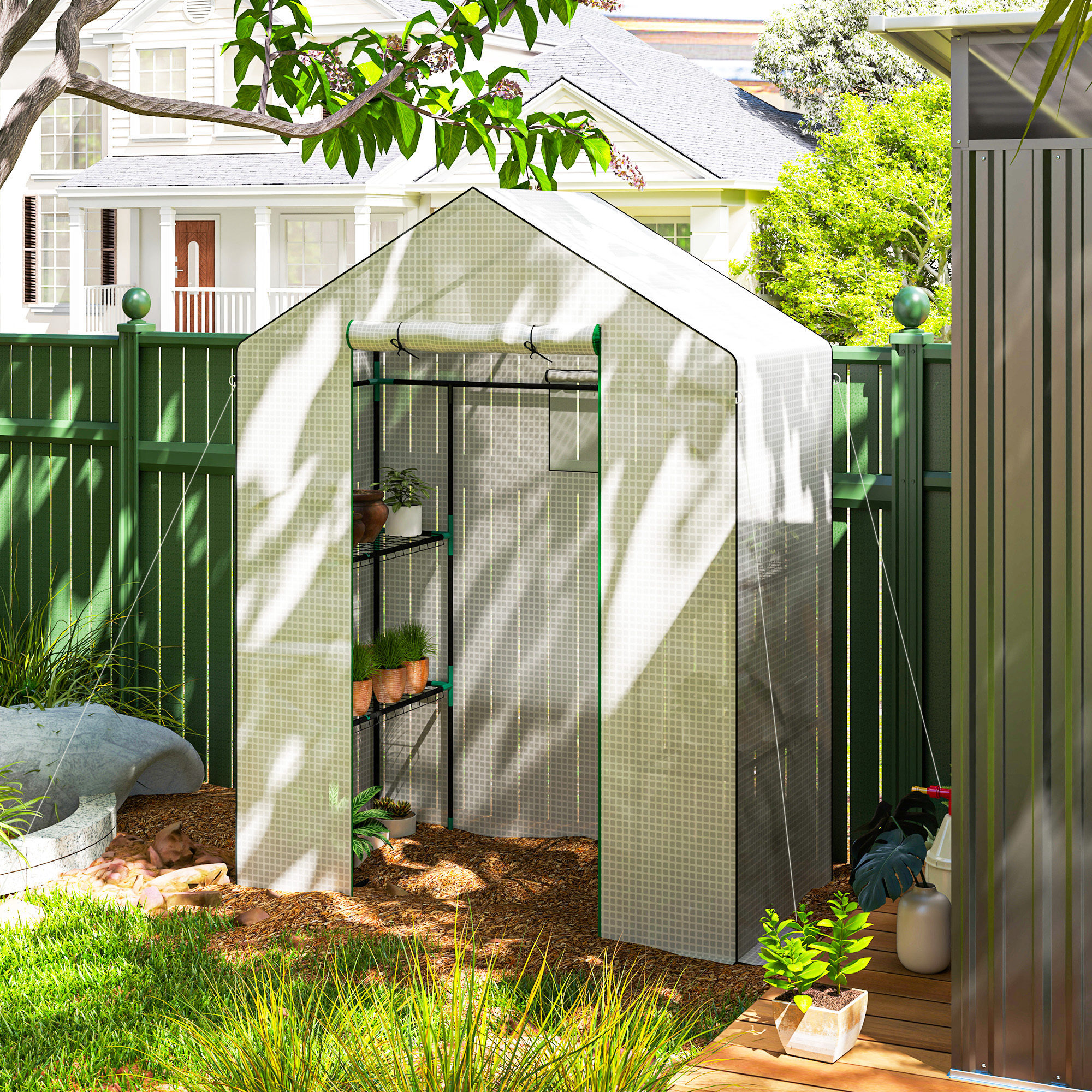 Serre de jardin 4 tablettes dim. 1,43L x 0,74l x 1,9H m porte déroulante fenêtre acier PE haute densité blanc