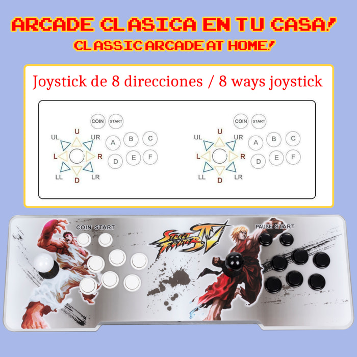 Pandoras Box 12. Consola arcade clásica, tipo máquina recreativa, con 28.890 juegos clásicos instalados, 2D y 3D. HDMI, VGA y salida USB. Incluye 2 mandos USB.