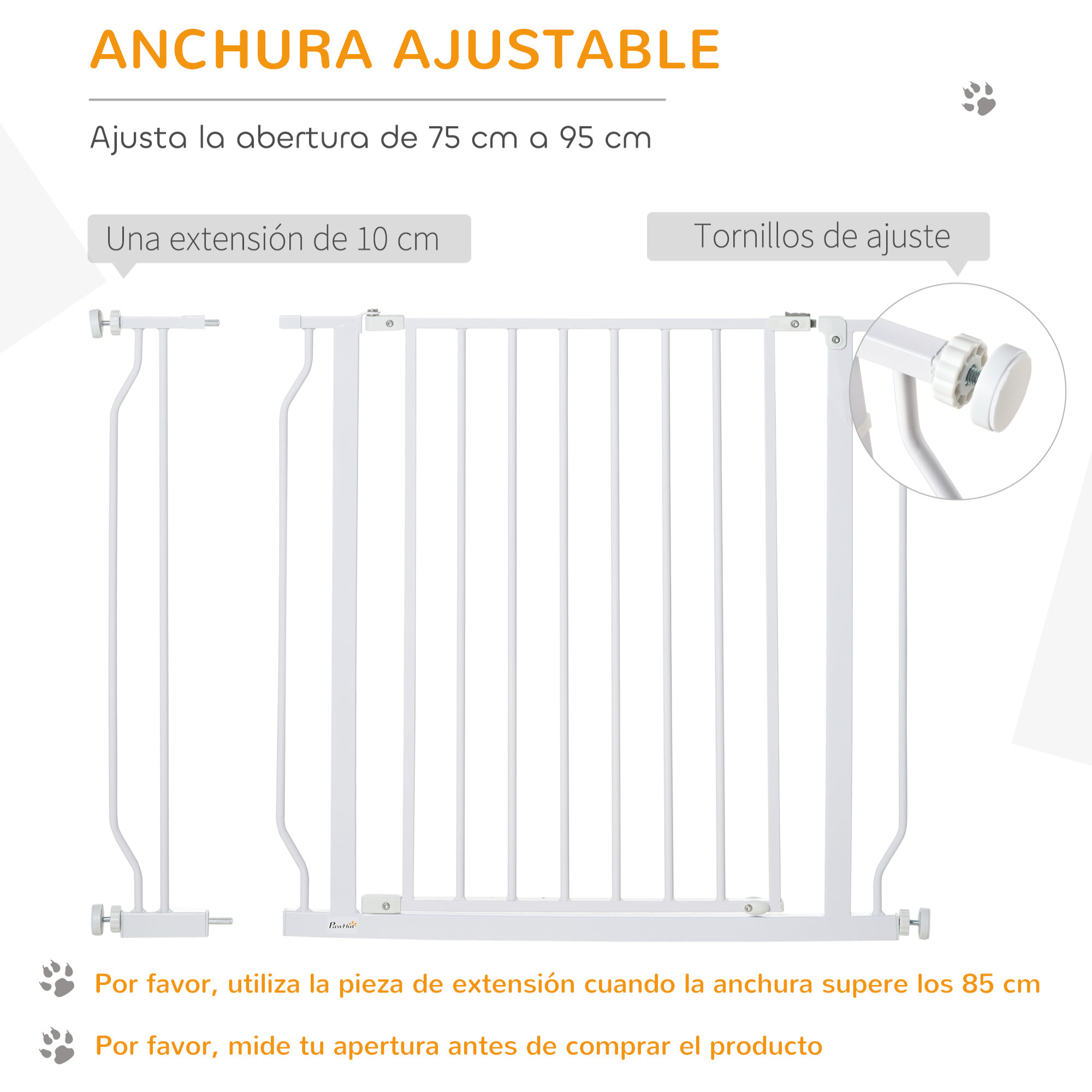 Barrera de Seguridad de Perros Extensible para Escaleras y Puertas 75-95 cm con Extensión Montaje a Presión Acero Altura 76 cm Blanco