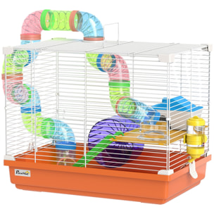 Cage à hamster 2 niveaux avec poignée - avec tunnel, biberon eau, roue, maisonnette, échelles - orange