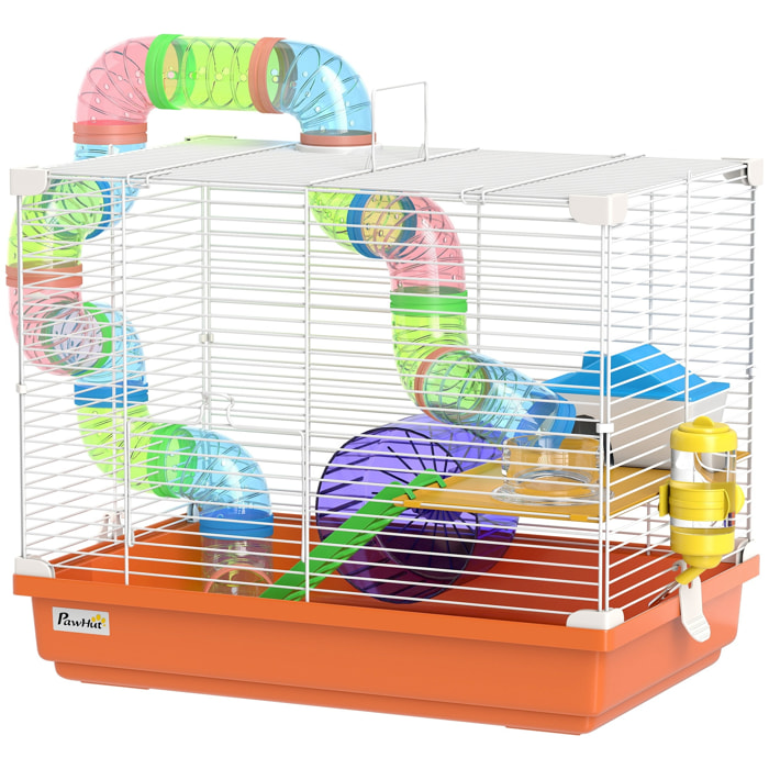 Cage à hamster 2 niveaux avec poignée - avec tunnel, biberon eau, roue, maisonnette, échelles - orange
