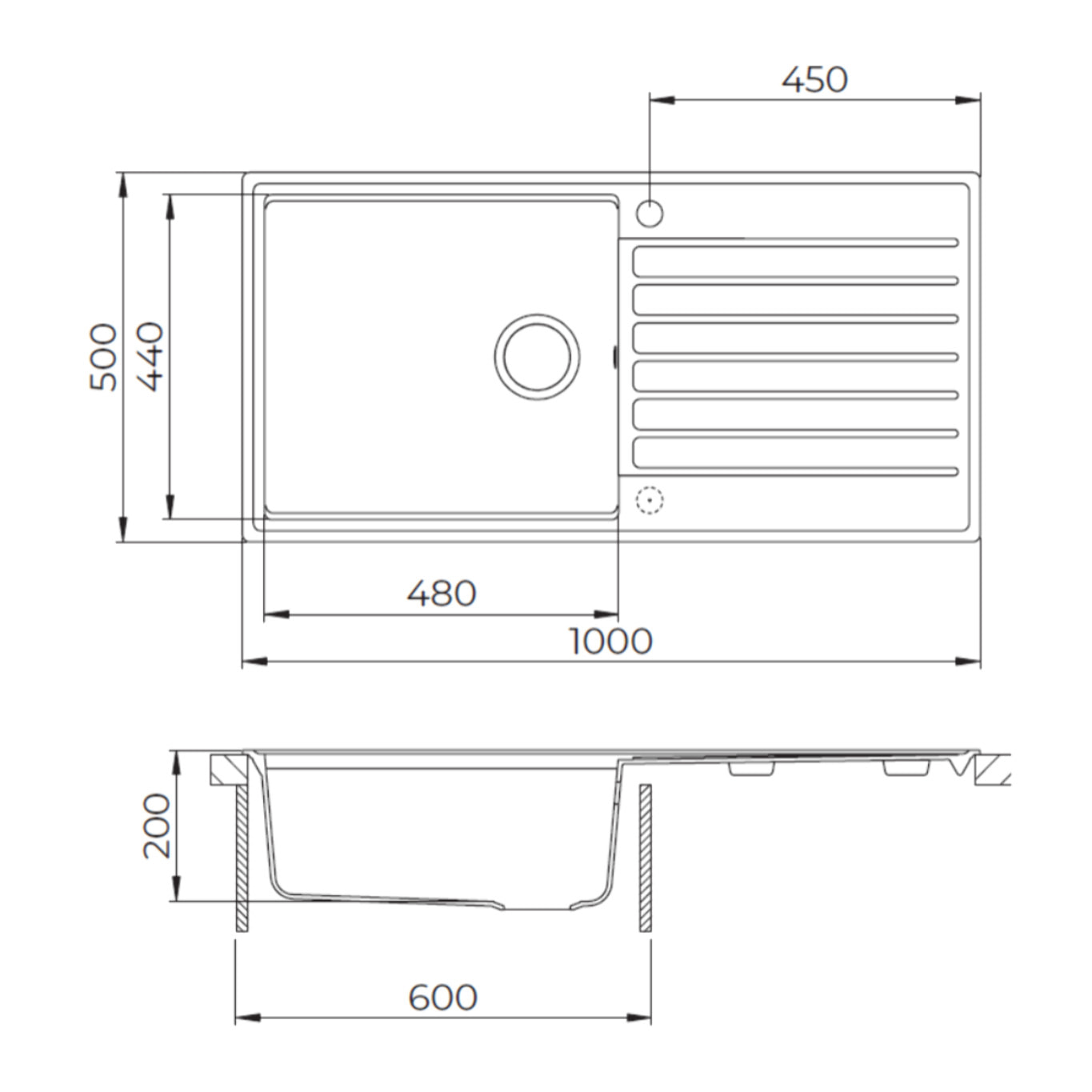 100x50 cm évier avec égouttoir réversible en Granite, à encastrer, blanc (SATSINKGQK103W)