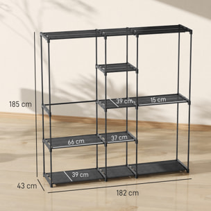Armario de Ropa, Perchero, 182x43x185 cm, Armario Abierto con 8 Estantes de Tela, Barras para Colgar, Marco de Metal, para Dormitorio, Salón, Vestidor, Negro