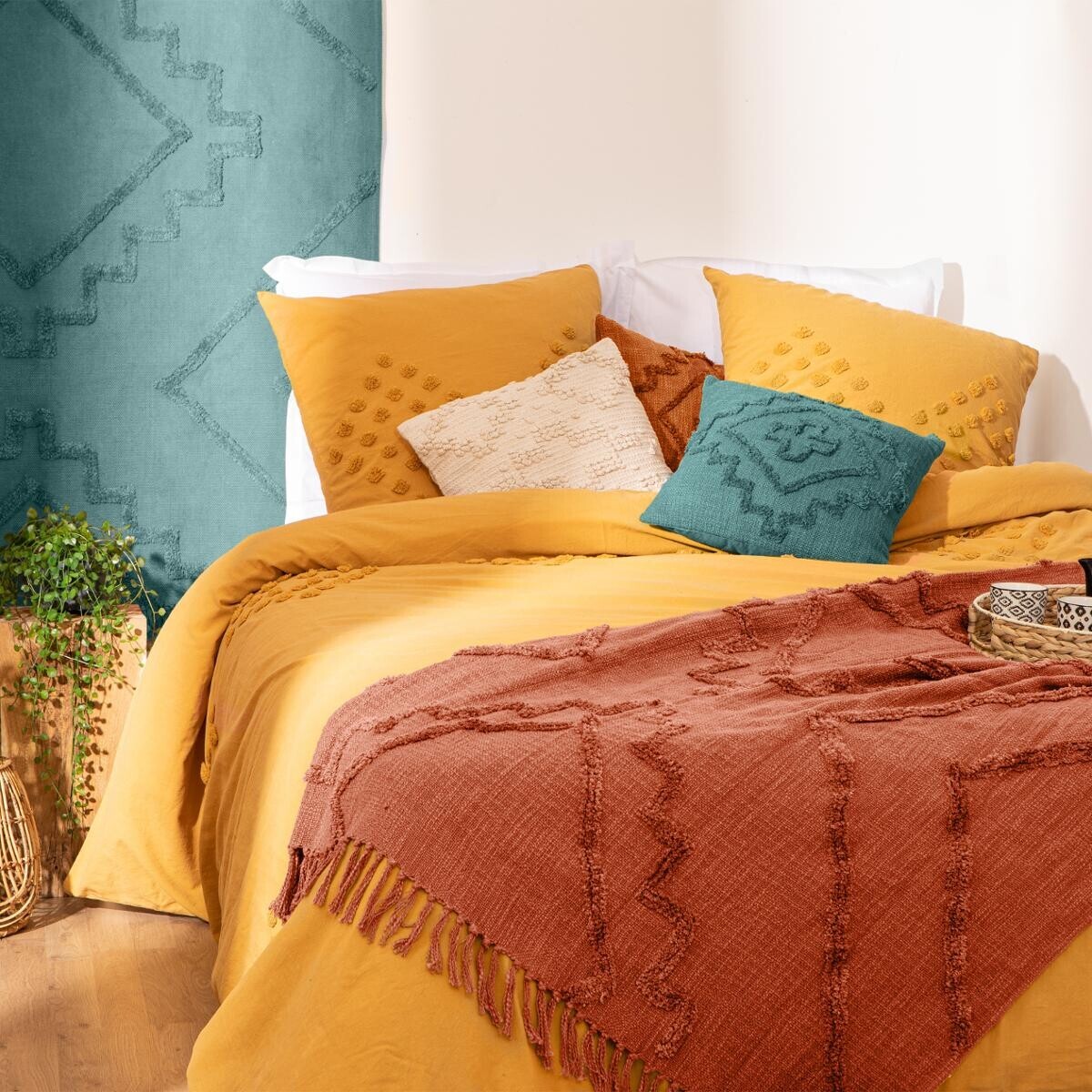 Jeté de lit "Inca" en coton tufté - terracotta 130x180 cm