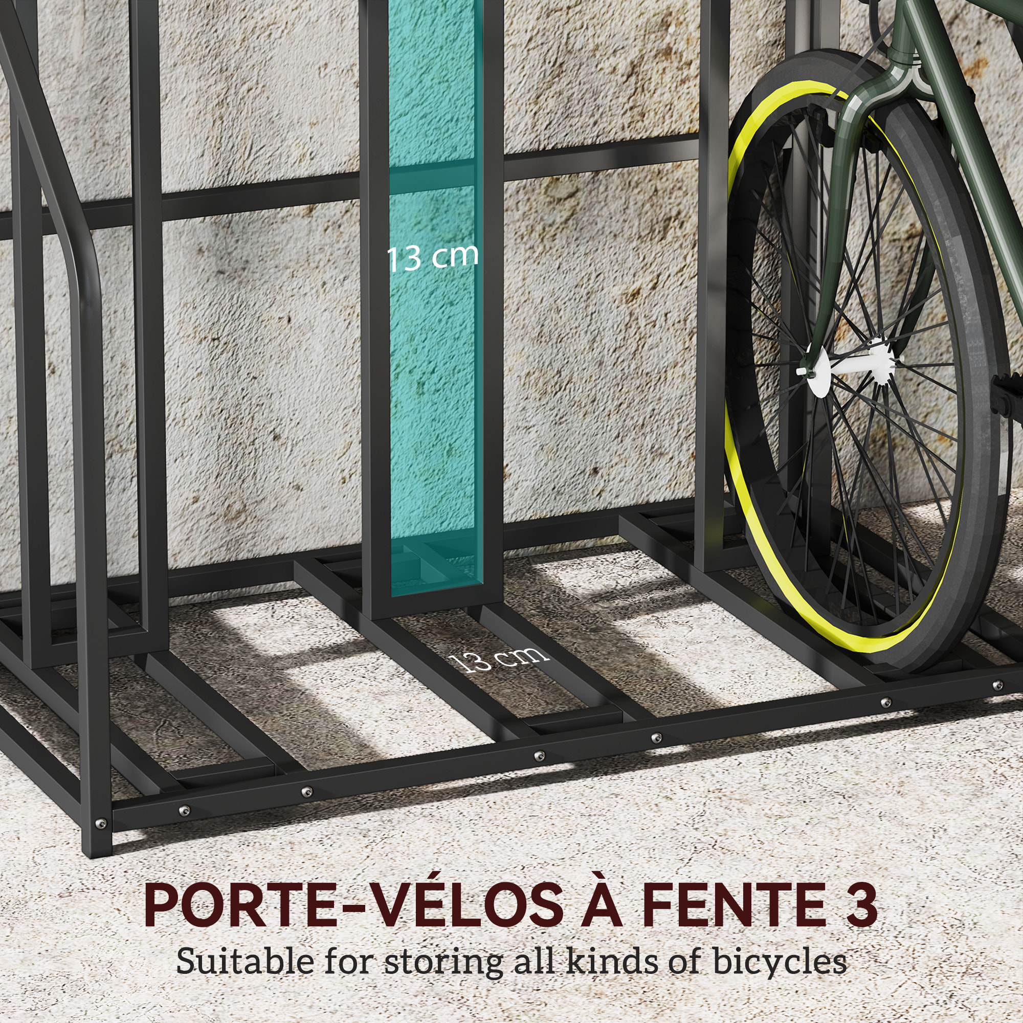 Râtelier vélos x 3 - porte-vélo autoportant - compatible toutes roues - panier, 4 crochets à suspendre - acier noir