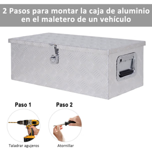 Caja de Herramientas de Aluminio con Tapa Abatible Asas Retráctiles Laterales Gran Compartimento y Cierre con Llave Maletín de Herramientas Portátil para Almacén Maletero 76x33x25 cm Plata