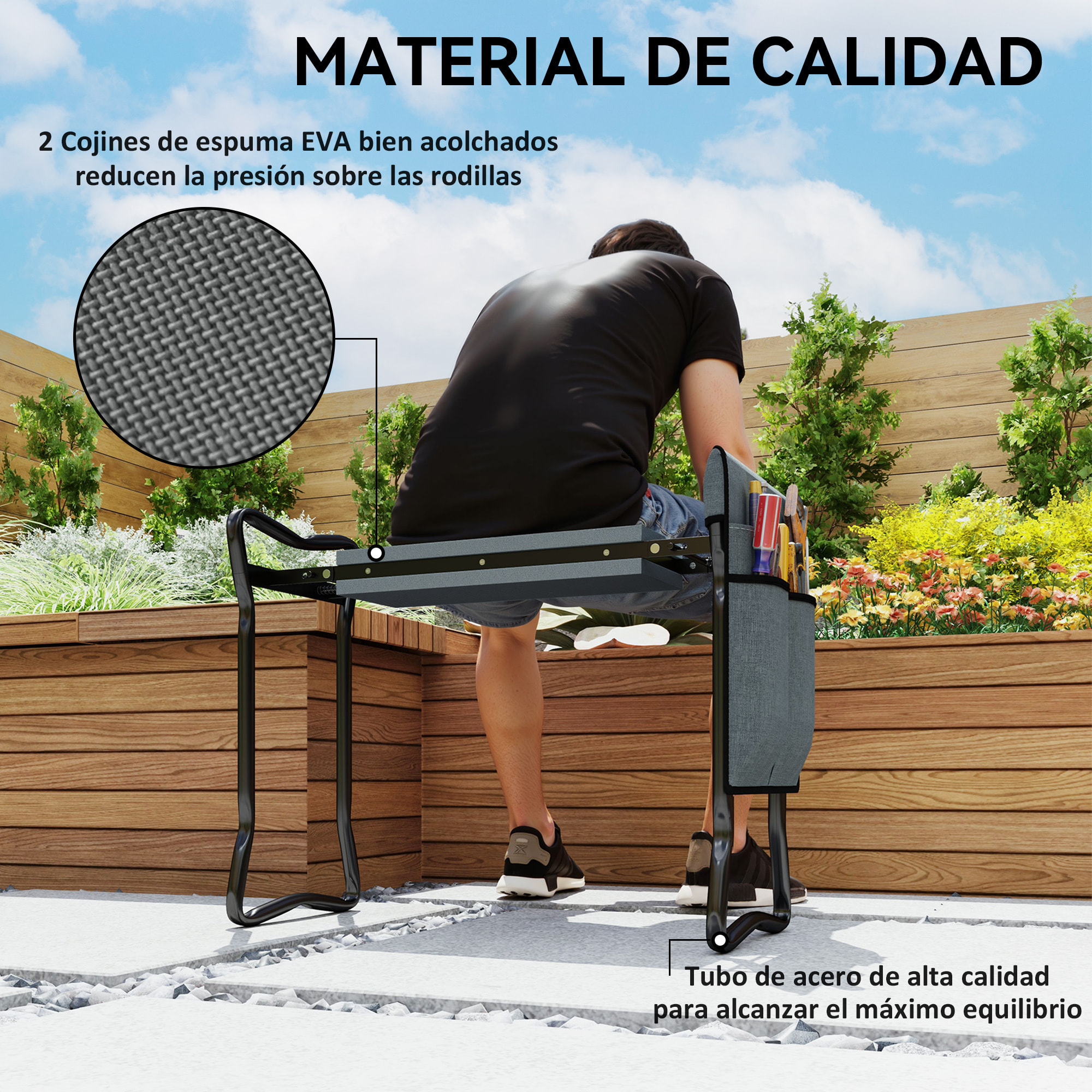 Taburete de Jardín Plegable con Almohadilla de Espuma EVA, Asiento de Jardín 2 en 1 con Bolsa para Herramientas, Portátil, Carga 150kg, Regalo para Jardinería, Jardineros y Ancianos