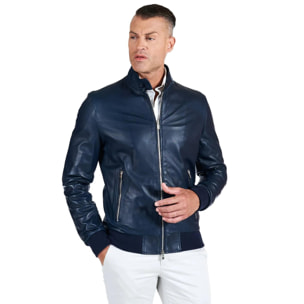 Giubbotto Bomber in pelle nappa blu colletto con bottoni