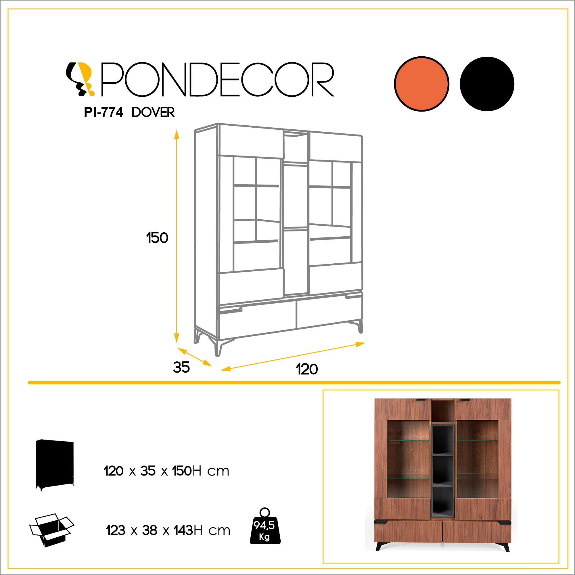 Vitrina doble DOVER - 2 puertas cristal y 2 cajones - nogal canaleto - 120x35x150cm