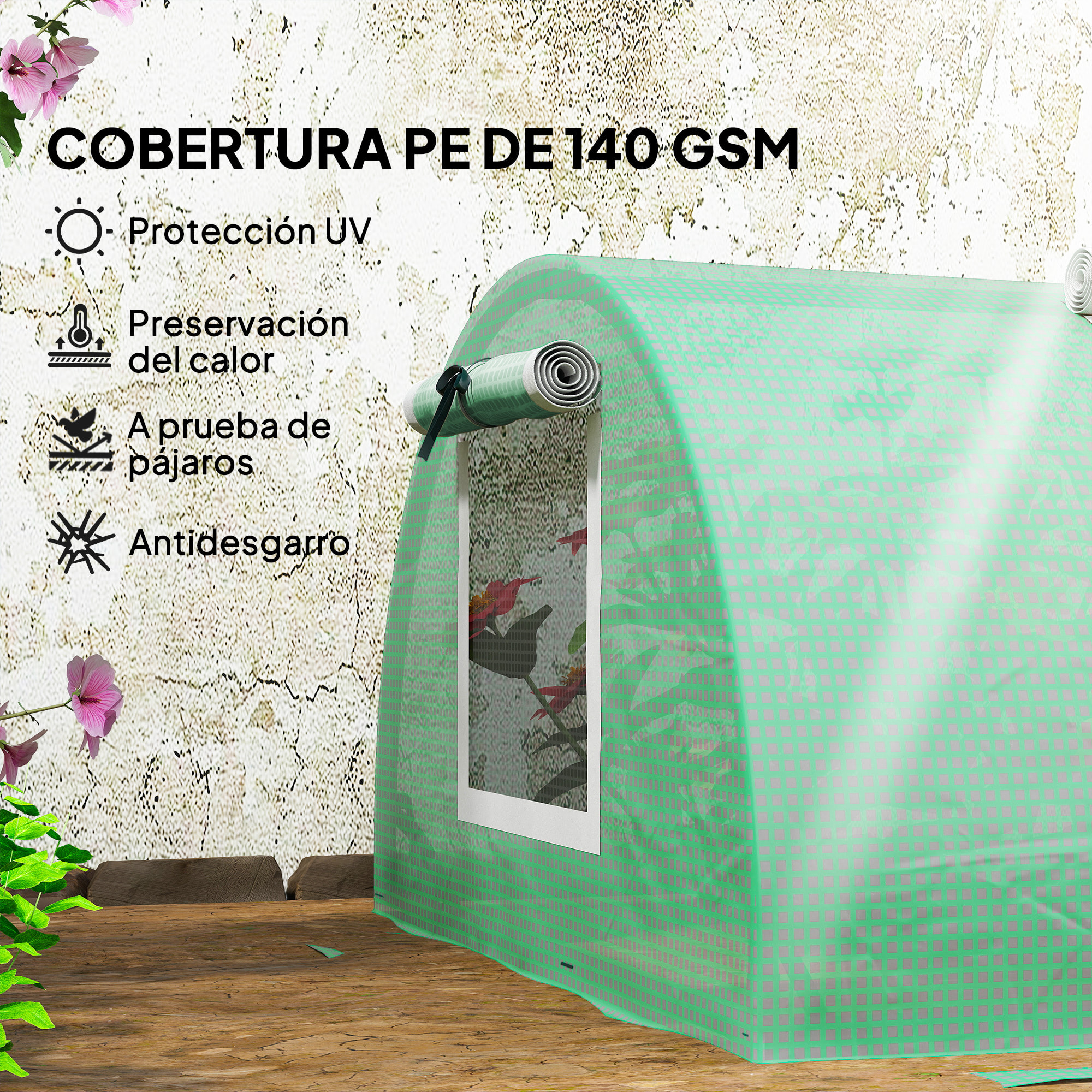Invernadero de Exterior, 300x80x45 cm, Invernadero de Jardín con 5 Ventanas Enrollables de Malla, Marco de Acero y Cubierta de PE 140g/Ã£Å½Â¡ Anti-UV para Cultivos, Plantas, Flores, Verde
